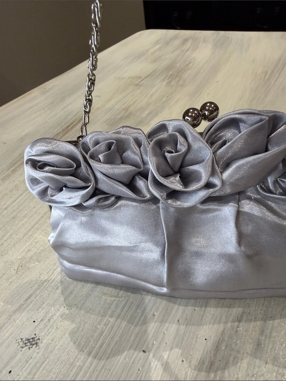 Source Unknown Silver Satin Rosette Clutch